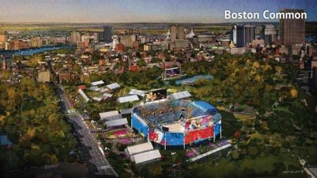 A conceptual rendering of the temporary beach volleyball facility on Boston Common for the 2024 Olympics.
