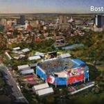 A conceptual rendering of the temporary beach volleyball facility on Boston Common for the 2024 Olympics.