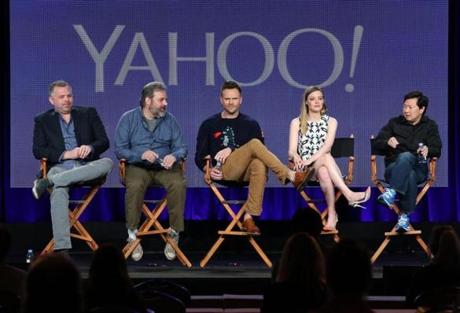 From left: Producer Chris McKenna, writer/producer Dan Harmon, and actors Joel McHale, Gillian Jacobs, and Ken Jeong spoke onstage during the ?Community? panel as part of the 2015 Winter Television Critics Association press tour at the Langham Huntington Hotel & Spa on Jan. 13 in Pasadena, Calif. 
