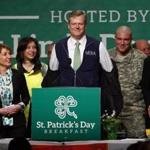 South Boston, Massachusetts -- 3/15/2015-- Governor Charlie Baker reenacts a scene from the MEMA bunker during a St. Patrick's Day breakfast at the Convention Center in South Boston March 15, 2015. Jessica Rinaldi/Globe Staff Topic: 16stpatsbreakfast Reporter: 