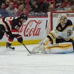Bruins goalie Tuukka Rask (40) blocked a shot from Senators right wing Erik Condra (22) in the second period.