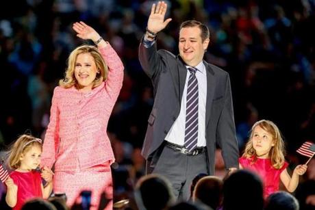 Sen. Ted Cruz, his wife Heidi, and their two daughters Catherine, 4, left, and Caroline, 6, right, waved on stage after Cruz announced his campaign.
