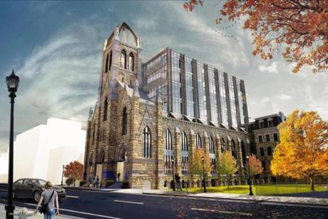 A rendering of the proposed development at 136 Shawmut Ave. in the South End, on the site of the former Holy Trinity German Catholic church.
