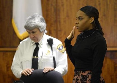 Shayanna Jenkins was sworn in before testifying during Aaron Hernandez?s murder trial. 
