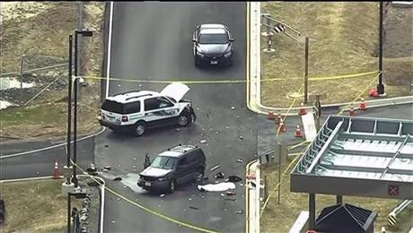 Two damaged vehicles  were seen near a gate to NSA headquarters in Fort Meade, Md.
