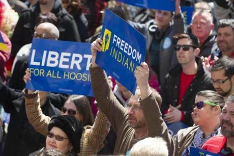 Thousands rallied at the Indiana State House on Saturday against the controversial bill.
