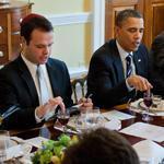President Obama, with Eric Lesser (on left), now a Massachusetts state senator, held the 2011 Seder in the Old Family Dining Room of the White House.