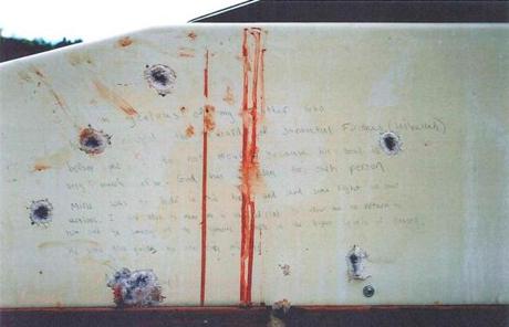 A photo of the note Tsarnaev left in a Watertown boat.
