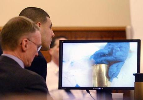 An image of bubble gum on a bullet shell was displayed during the trial.
