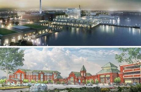 Artists? renderings showed Brockton?s proposed casino on a fairgrounds site (above) and New Bedford?s on the waterfront (below).
