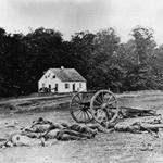 Bodies await burial in front of Dunker Church at Antietam, Maryland, in 1862 during the American Civil War.