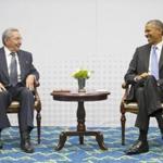 Obama sat with Cuban President Raul Castro, left, during their historic meeting on Saturday.