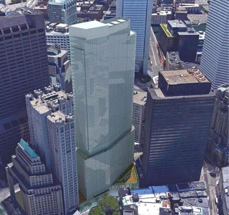 A rendering of Trinity Acquisitions' proposed tower for Winthrop Square.
