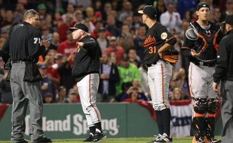 While umpire Jordan Baker (left) and Orioles manager Buck Showalter argued, starter Ubaldo Jimenez wondered why he was ejected without a warning for hitting the Red Sox? Pablo Sandoval in the fourth inning.
