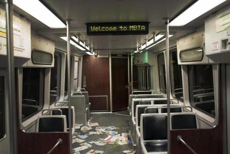 A mostly-empty Green Line car in service late on a recent Friday night.
