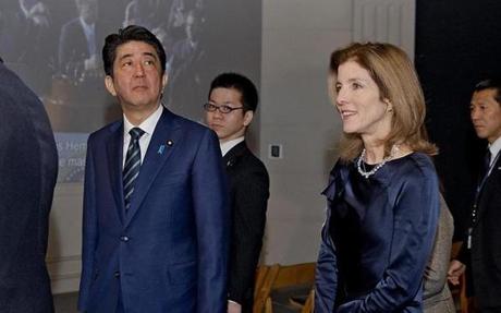 US Ambassador Caroline Kennedy led a tour of the JFK Library for Japan's Prime Minister Shinzo Abe (left) on Sunday.
