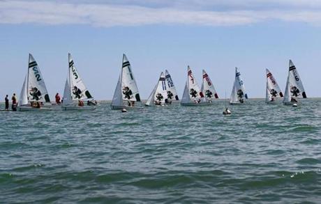 Sailboats were lined up in Duxbury Bay on Sunday for a high school sailing competition.
