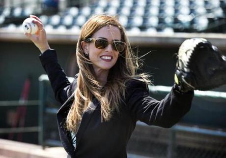 Charleston, S.C.-April 9, 2015-Globe Staff Photo by Stan Grossfeld-- Tyler Tumminia, warms up before the Charleston River Dogs game.She oversees the business operations of four minor league baseball teams and co-owns a collegiate team
