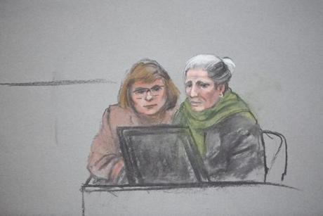 An artist?s depiction of Dzhokhar Tsarnaev?s aunt, Shakhruzat Suleimanov (right), testifying with an interpreter during the sentencing phase of Tsarnaev's trial.
