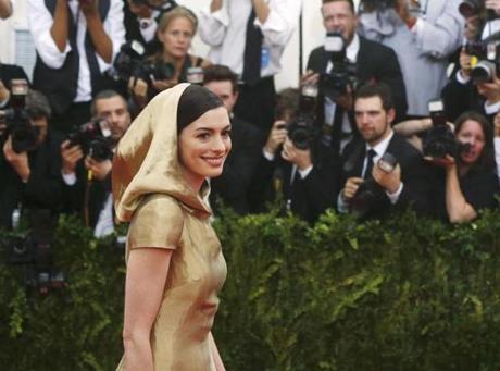 Actress Anne Hathaway arrived at the Metropolitan Museum of Art Costume Institute Gala 2015.

