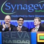 Synageva BioPharma Corp. chief executive Sanj Patel (center) rang the opening bell at the Nasdaq Stock Market in 2011. 