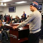 Patriots QB Tom Brady spoke to the media at Gillette Stadium  in January.