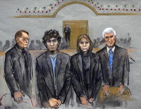 In this courtroom sketch, Dzhokhar Tsarnaev, second from left, is depicted with his defense attorneys William Fick, left, Judy Clarke, second from right, and David Bruck, right, as the jury presented its verdict on April 8.
