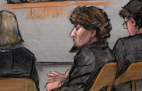 A courtroom sketch shows Dzhokhar Tsarnaev at his trial on April 6.
