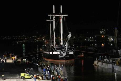 The Constitution entered dry dock in Charlestown on Monday night.
