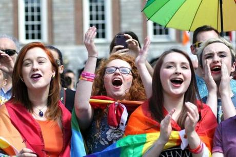 Supporters for same-sex marriage cheered in Dublin as they waited for results of the referendum.
