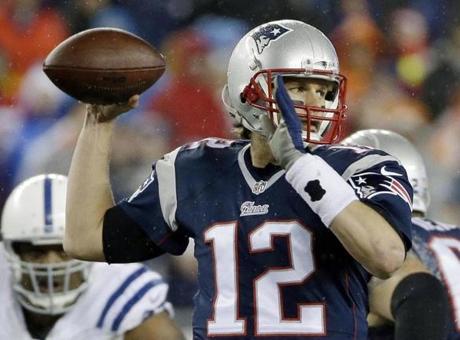 Tom Brady looked for a receiver during the first half of the AFC title game against the Colts on Jan. 18 in Foxborough.
