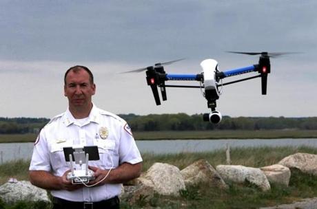 Chris Dibona, with Brewster Ambulance Service, guided a drone during a Duxbury Lions Club benefit event to help the local Fire Department acquire one.  
