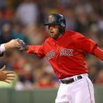 BOSTON, MA - JUNE 5: Dustin Pedroia #15 of the Boston Red Sox doubles in the fifth inning against the Oakland Athletics at Fenway Park on June 5, 2015 in Boston, Massachusetts. (Photo by Jim Rogash/Getty Images)