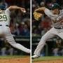 In this two image combination, Oakland Athletics relief pitcher Pat Venditte (29) delivers with his left and right hand to separate Boston Red Sox batters during the seventh inning at Fenway Park in Boston, Friday, June 5, 2015. (AP Photo/Charles Krupa)