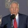 In this image from video provided by the NFL, New England Patriots owner Robert Kraft speaks at the NFL owners meetings in San Francisco, Tuesday, May 19, 2015. Now that Kraft is not appealing his team's punishments in the deflated footballs scandal, only his quarterback's challenge remains. Moments after Kraft said Tuesday, May 19, 2015, he won't oppose the $1 million fine and loss of two draft choices the NFL penalized the team for its role in using underinflated footballs in the AFC championship game, the players' union reasserted that Tom Brady's appeal will go forward. (AP Photo/NFL via AP) NO SALES