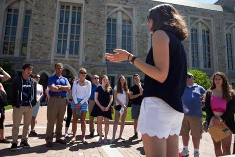 Eliza Voltz, a senior at Boston College, led a campus tour for prospective students and parents Wednesday.
