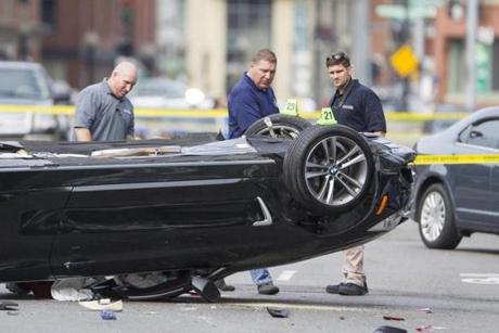 A flipped car could be seen on Commercial Street in the North End.
