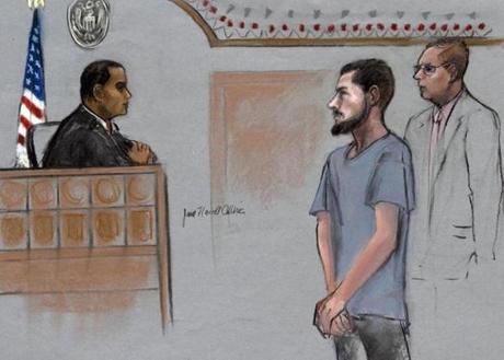 In this courtroom sketch, Nicholas Rovinski, second from right, is depicted standing with his attorney, William Fick, right. 
