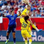 Jun 12, 2015; Winnipeg, Manitoba, CAN; United States midfielder Carli Lloyd (10) battles for a loose ball with Sweden forward Sofia Jakobson (10) and midfielder Emilia Appelqvist (20) during the second half in a Group D soccer match in the 2015 FIFA women's World Cup at Winnipeg Stadium. Mandatory Credit: Michael Chow-USA TODAY Sports 