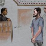 In this courtroom sketch, Nicholas Rovinski, second from right, is depicted standing with his attorney, William Fick, right. 