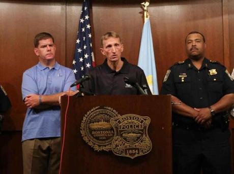 Boston Police Commissioner William Evans answered questions during a press conference during which he announced the arrest of two teens in the death of a 16-year old.
