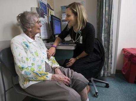 For Dr. Katie Jobbins, here with patient Stella Czelusniak, 97, at the Baystate High Street Health Center in Springfield, relationships are the most important part of her practice.
