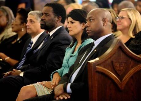 Senator Tim Scott, Governor Nikki Haley, and state Senator Wendell Gilliard attended a prayer vigil Thursday at Morris Brown AME Church in Charleston, S.C.
