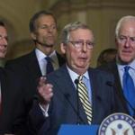 ?This has been a long and rather twisted path to where we are today, but it?s a very, very important accomplishment for the country,? said Senate majority leader Mitch McConnell (center), surrounded by fellow Republicans after the vote.