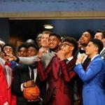 NEW YORK, NY - JUNE 25: Karl-Anthony Towns holds a selfie stick with other top prospects before the start of the First Round of the 2015 NBA Draft at the Barclays Center on June 25, 2015 in the Brooklyn borough of New York City. NOTE TO USER: User expressly acknowledges and agrees that, by downloading and or using this photograph, User is consenting to the terms and conditions of the Getty Images License Agreement. (Photo by Elsa/Getty Images)