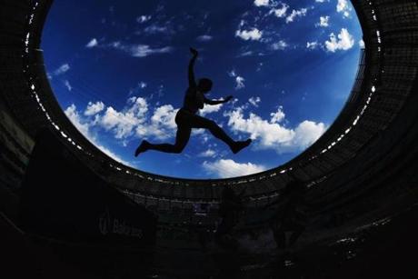 Athletes clear the water jump during the women?s 3000 metres steeplechase during day nine of the Baku 2015 European Games at the Olympic Stadium on June 21 in Azerbaijan. 
