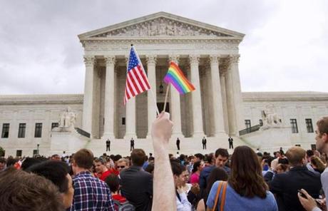 Same-sex marriage supporters celebrated outside of the Supreme Court on Friday.
