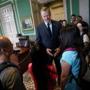 Governor Charlie Baker greeted tourists in the ceremonial governor's office on Thursday.