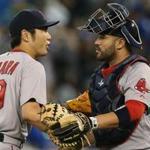 Closer Koji Uehara and catcher Sandy Leon congratulated each other after the Red Sox won Monday?s game, 3-1, in Toronto.