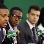 Jordan Mickey responded to a question during an iintroductory news conference Tuesday in Waltham. Joining him on stage were (from left) Terry Rozier,  R.J. Hunter, and Marcus Thornton.